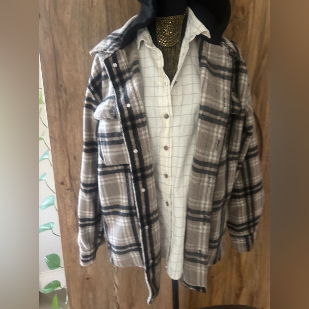 Forever 21 Plaid Jacket w/ Hoodie - Black and Tan